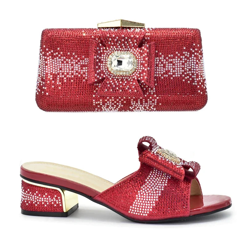 Italian Women Elegant Low Heel Shoes and Bag Set Decorated with Rhinestone for Ladies' Wedding Bride Shoes