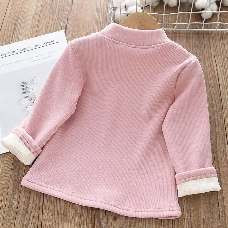 New Autumn Kids Fleece Padded Shirts Cute Embroidery Rabbit Girls Thicken Blouse Versatile Warm Children Lace Tops 1-9T Girls