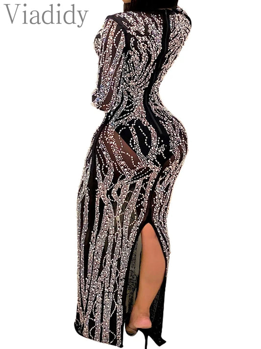 Sexy Rhinestone Sheer Mesh Long Sleeve Decor Party Dress