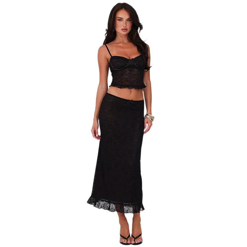 Dames Mesh Patchwork 2-delige Set Dames Doorzichtige Rugloze Camisole Tops + Jacquard Skinny Lange Rokken Bijpassende Elegante Pakken