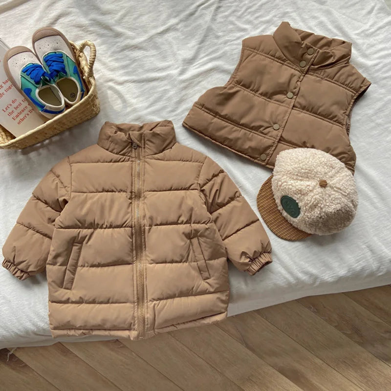 Winter Kids Parkas Thicken Vest And Parkas 2 Pcs Boys Long Parka Cotton Lining Girls Jacket 4-6Y Unisex
