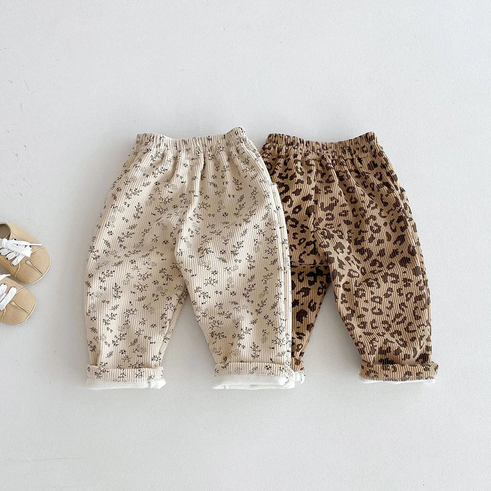Autumn Kids Baby Pants Thickened Fleece Lining Floral Girls Trousers Warm Fashion Leopard Print Boys Pants Outwear 1-5Y Unisex