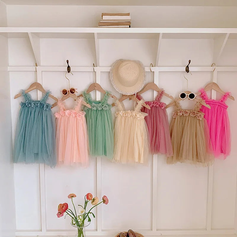 Summer Kids Sweet Mesh Dress Girls 6 Colours Suspended Floral Beach Skirt Children Tutu Princess Dress 1-6Y Girls