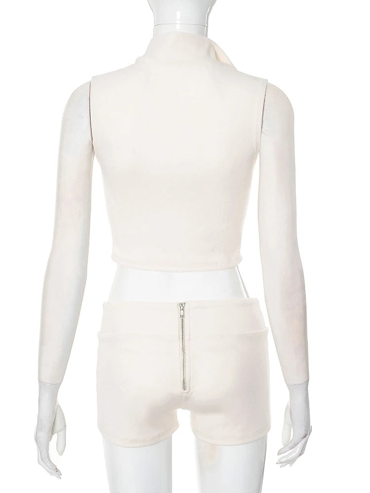 Lijnen Patchwork 2-delige set Dames Rits Cardigan Onregelmatige Crop Top + Skinny Peach Hip Shorts Eenvoudige Sportieve Straatkleding