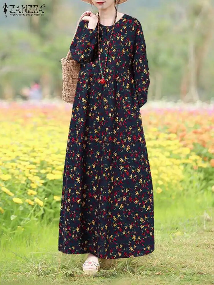 Floral Print Long Sleeve Maxi Dress Women Casual Loose Elegant Vintage Long Robes Holiday O neck High Waist Vestidos