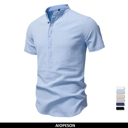 Men's Short Sleeve Solid Colour Linen Shirt Turn Down Collar Casual Summer Breathable Comfort Shirts for Men‌