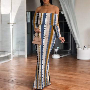 Yellow Floral Print Maxi Dress Off Shoulder Long Sleeve Elegant Bodycon Gown for Spring Picnic