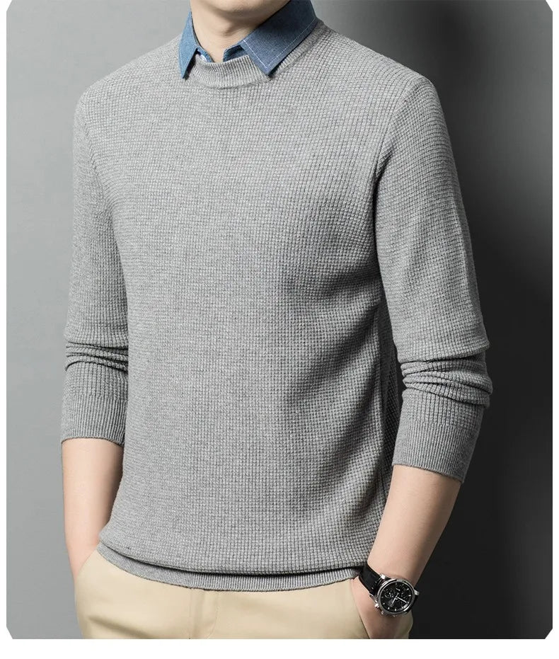 Men's Top Grade Fake Two Collared Fashion, Designer Knitted Pullover Sweater, Casual Brand Slim Fit Male Jumpers