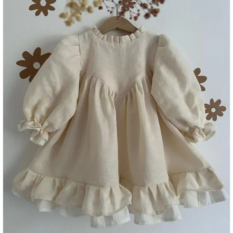 Spring Toddler Big A-line Girls Dress Linen Dress for Children Puff Sleeve Princess Kids Clothes Patchwork Dresses 2-7Y Girls