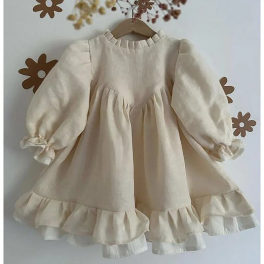 Spring Toddler Big A-line Girls Dress Linen Dress for Children Puff Sleeve Princess Kids Clothes Patchwork Dresses 2-7Y Girls
