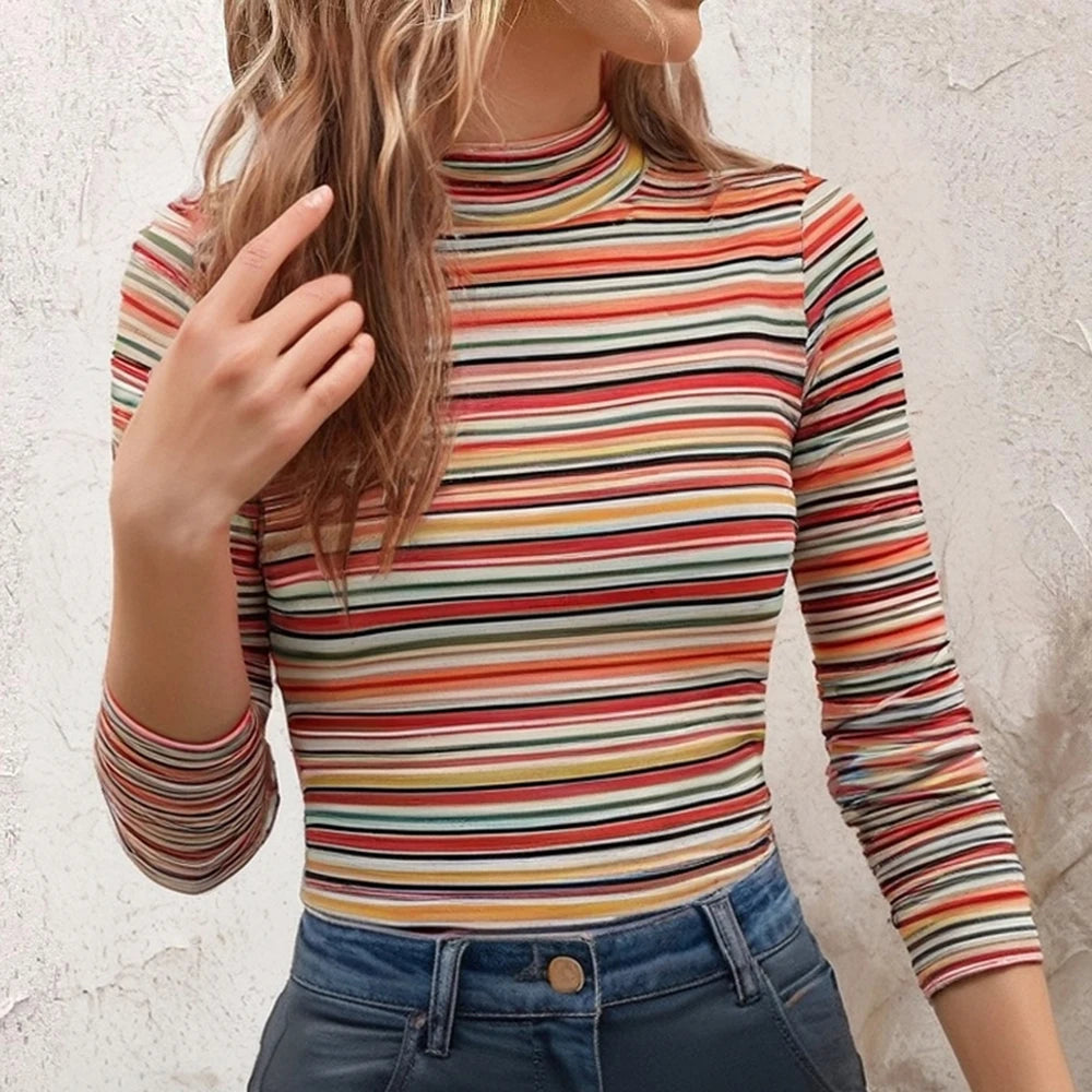 Women's T-Shirts Autumn Fitting Slim Stripe Long Sleeve High-Neck Regular Casual T-Shirts