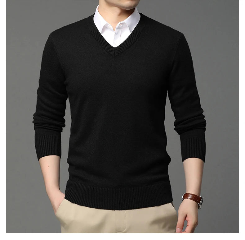 Men's High Quality Fashion Brand, Woollen Knit Pullover V-Neck Sweater, Autumn and Winter Casual Male Jumper