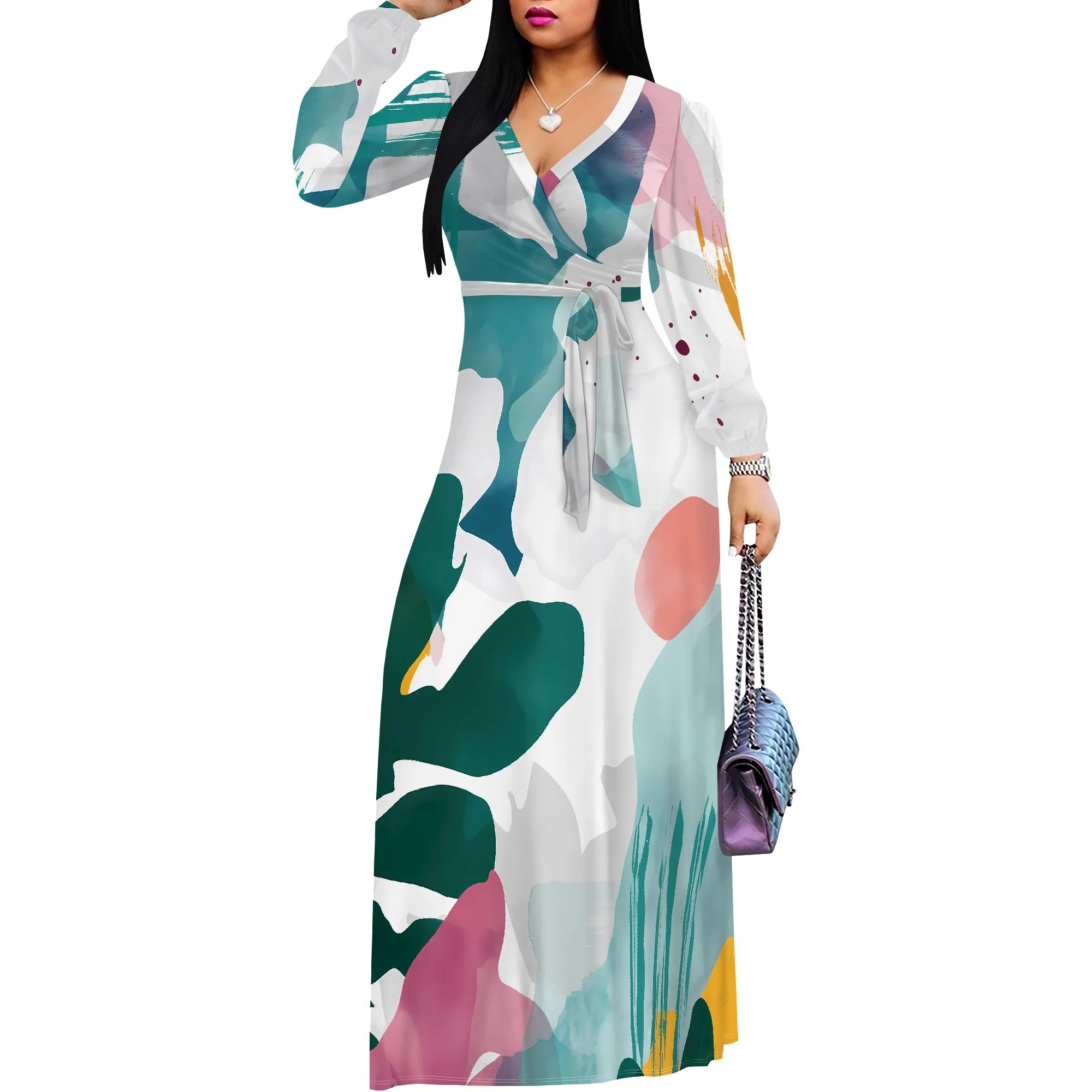 Standard Size Long Sleeve V Neck Maxi Dress White Tropical Leaf Print Casual Vacation Outfit