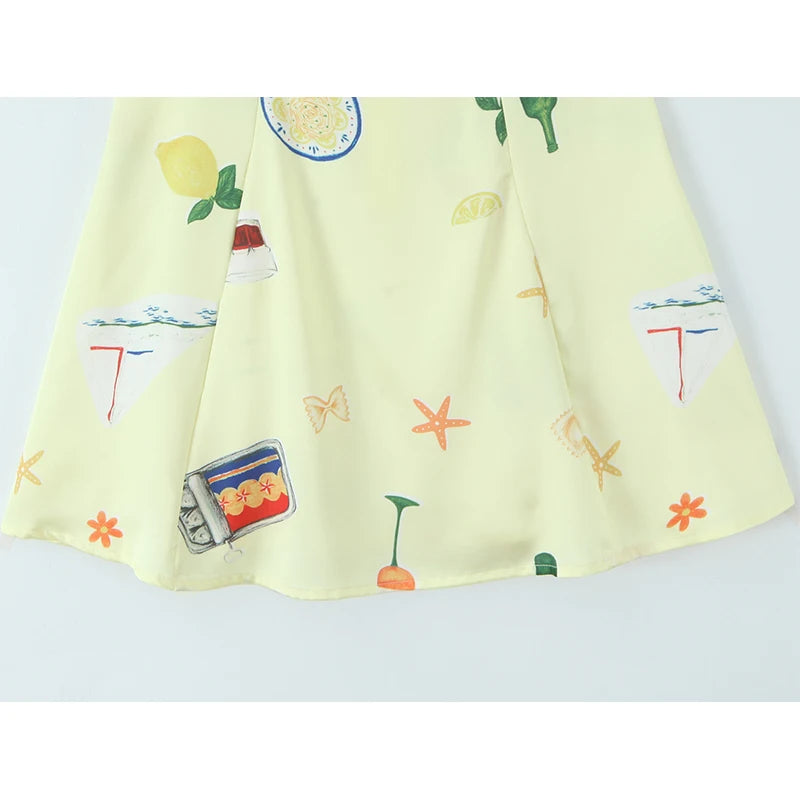Cute Print Yellow Sexy Corset Style Sling Mini Dresses Women Summer A-line Holiday Dress Backless Robe