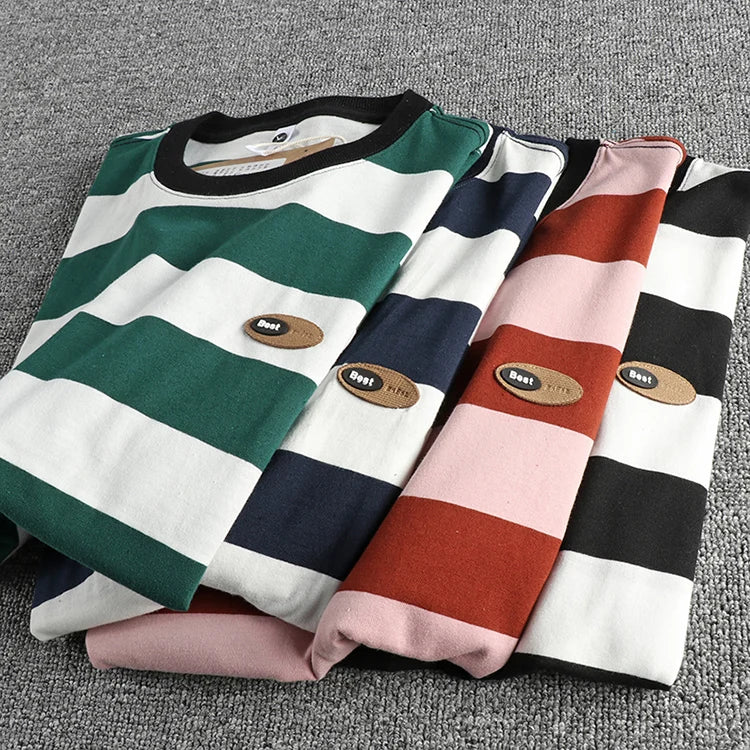 2024 Autumn New American Retro Long Sleeve O-neck Micro Chapter Striped T-shirt Men's Fashion 100% Cotton Washed Casual Tops
