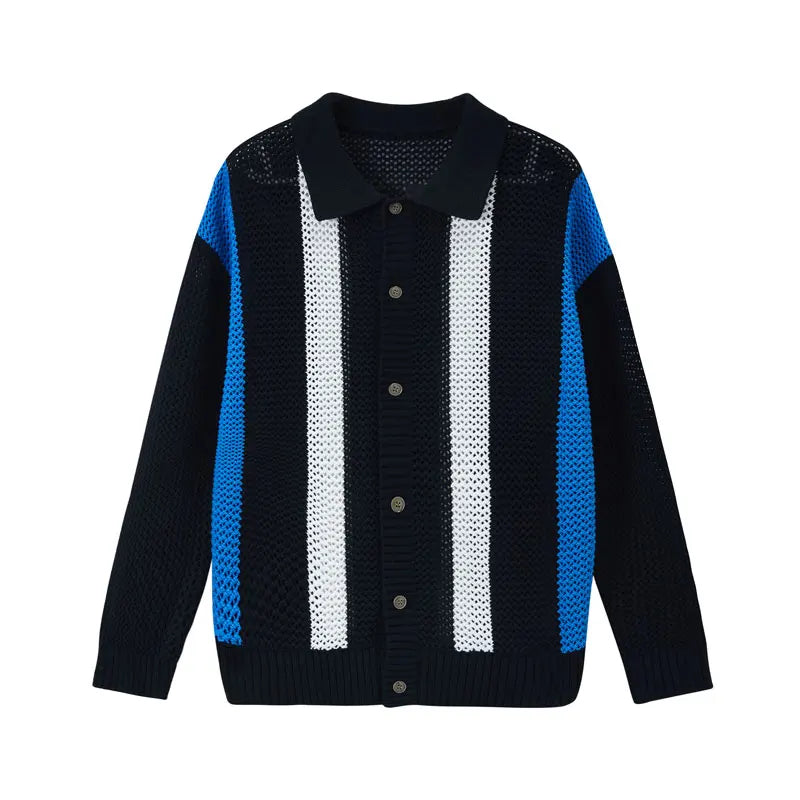 Men's Autumn/Winter Colour-Block Striped Polo Collar Knitted  High Quality Hollow Out Cardigan With 60% Cotton
