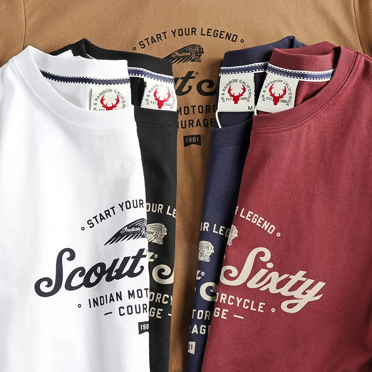 Summer New American Retro Short Sleeve O-neck Indian Letter Printed T-shirt Men's Simple 100% Cotton Washed Casual Youth Tops