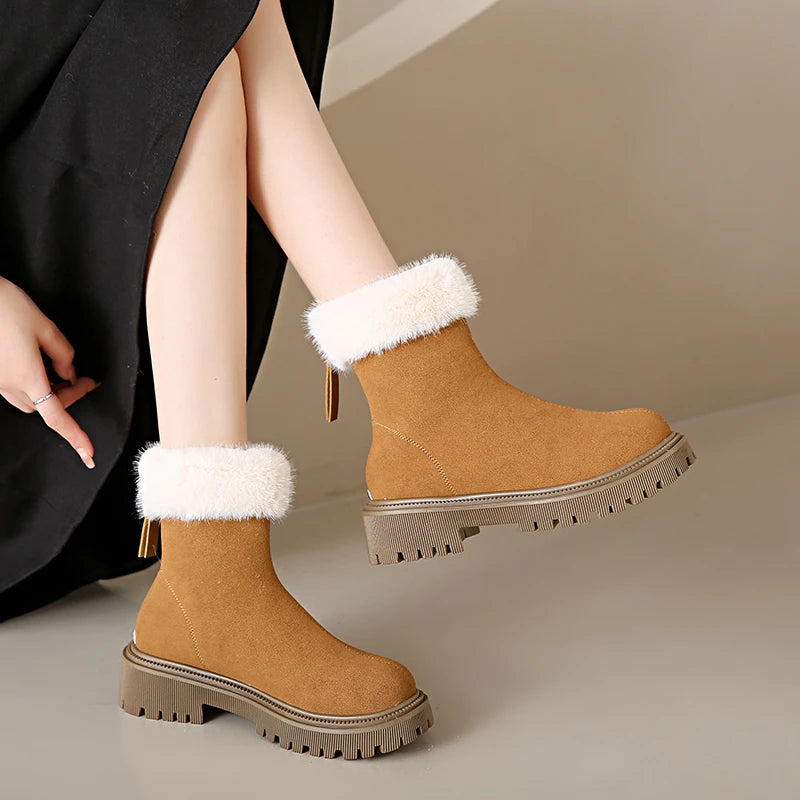Women's Winter Boots 2024 New Fashion Velvet Lined Solid Color Ankle Square Heel Round Toe Outdoor Snow Boots Thick Soles Zipper