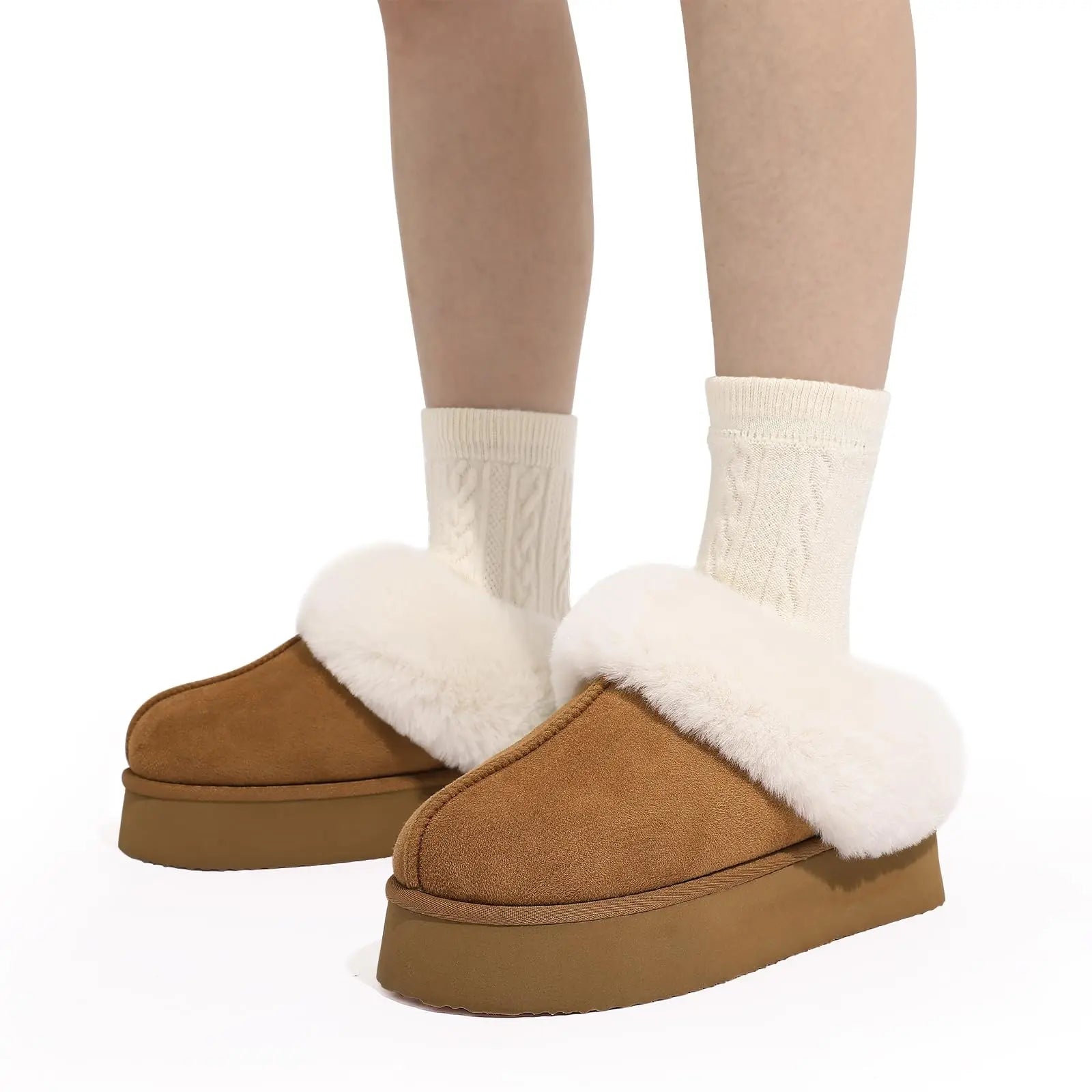 Women's Fashion Fur Winter Slippers With Thick Sole Fluffy Fuzzy Slippers and Anti-Slip Platform Slides Plush Shoes