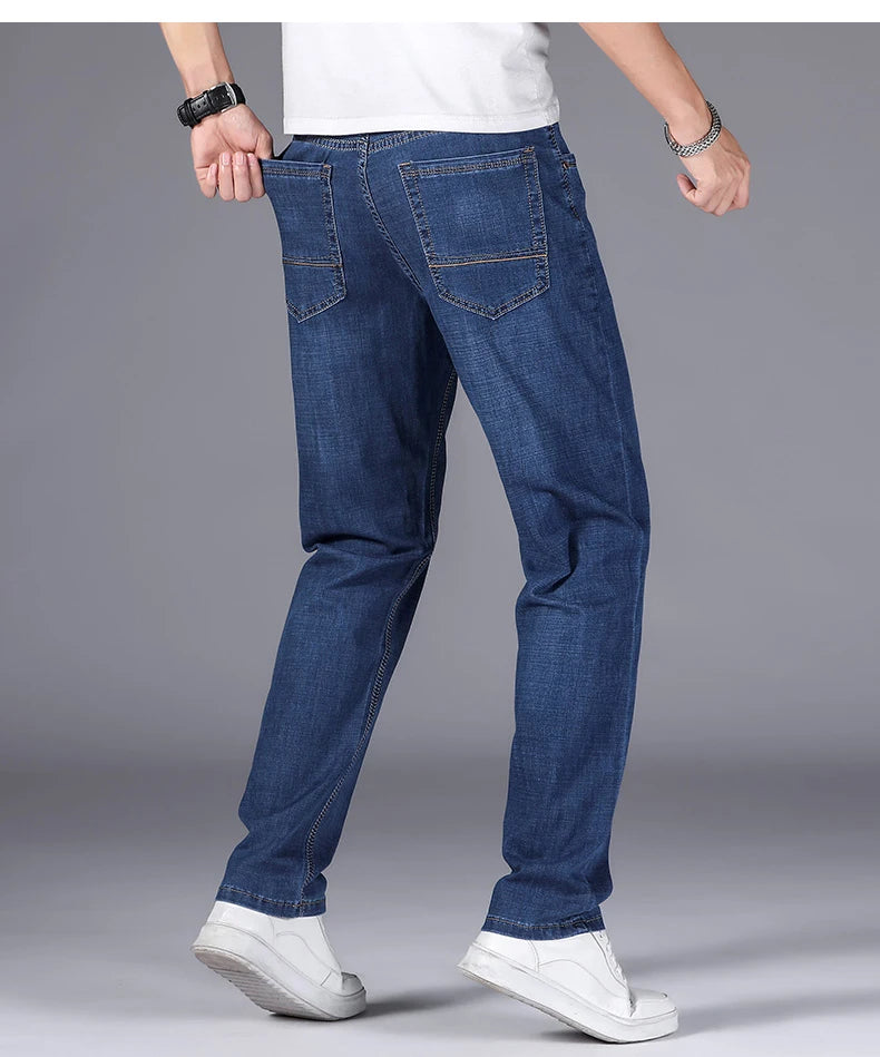 2025 Dunne of dikke stoffen kantoor- en zakenjeans voor heren, klassiek blauw, zwart, katoenen stretch, rechte denimbroek, herenmerkbroeken