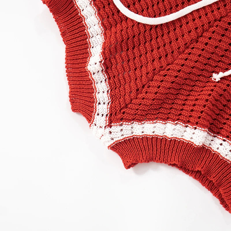 Crochet 2 Piece Set Women Hollow Beach Vacation Shirring Strapless Tops + Contrast Shorts Matching Tight Stretch Suits