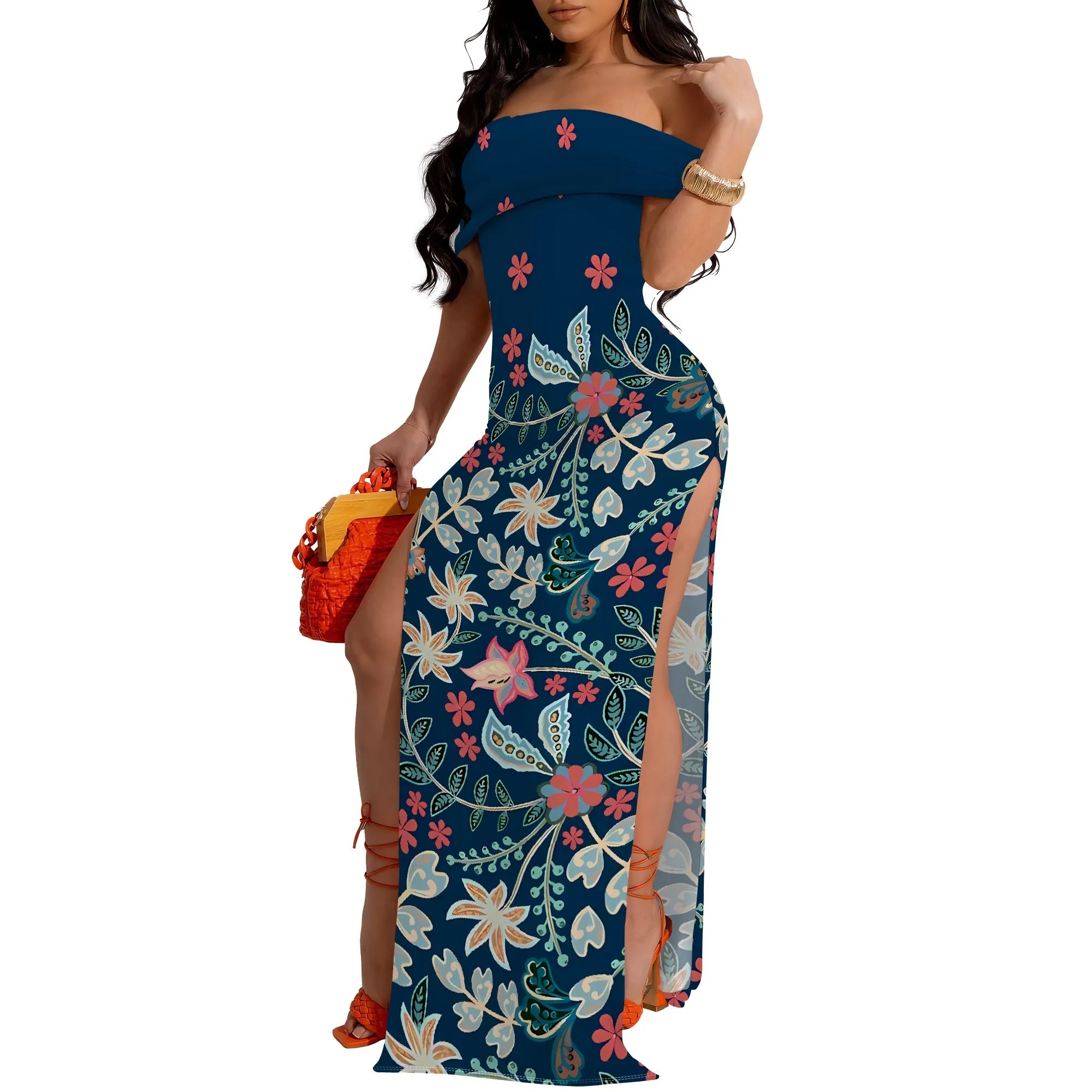 Black White Speckled Off-Shoulder High Slit Maxi Dress - Women's Modern Stylish Party Evening Resortwear