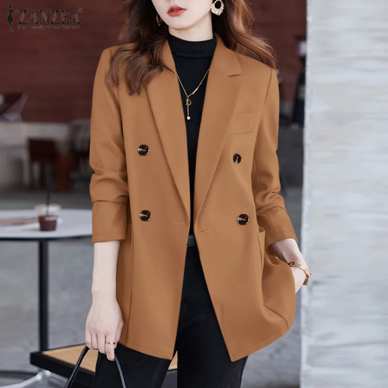 Casual Women Blazer Solid Office Lady Commute 2025 Spring Thin Jackets Lapel Neck Double-Breasted Long Sleeve Blazer
