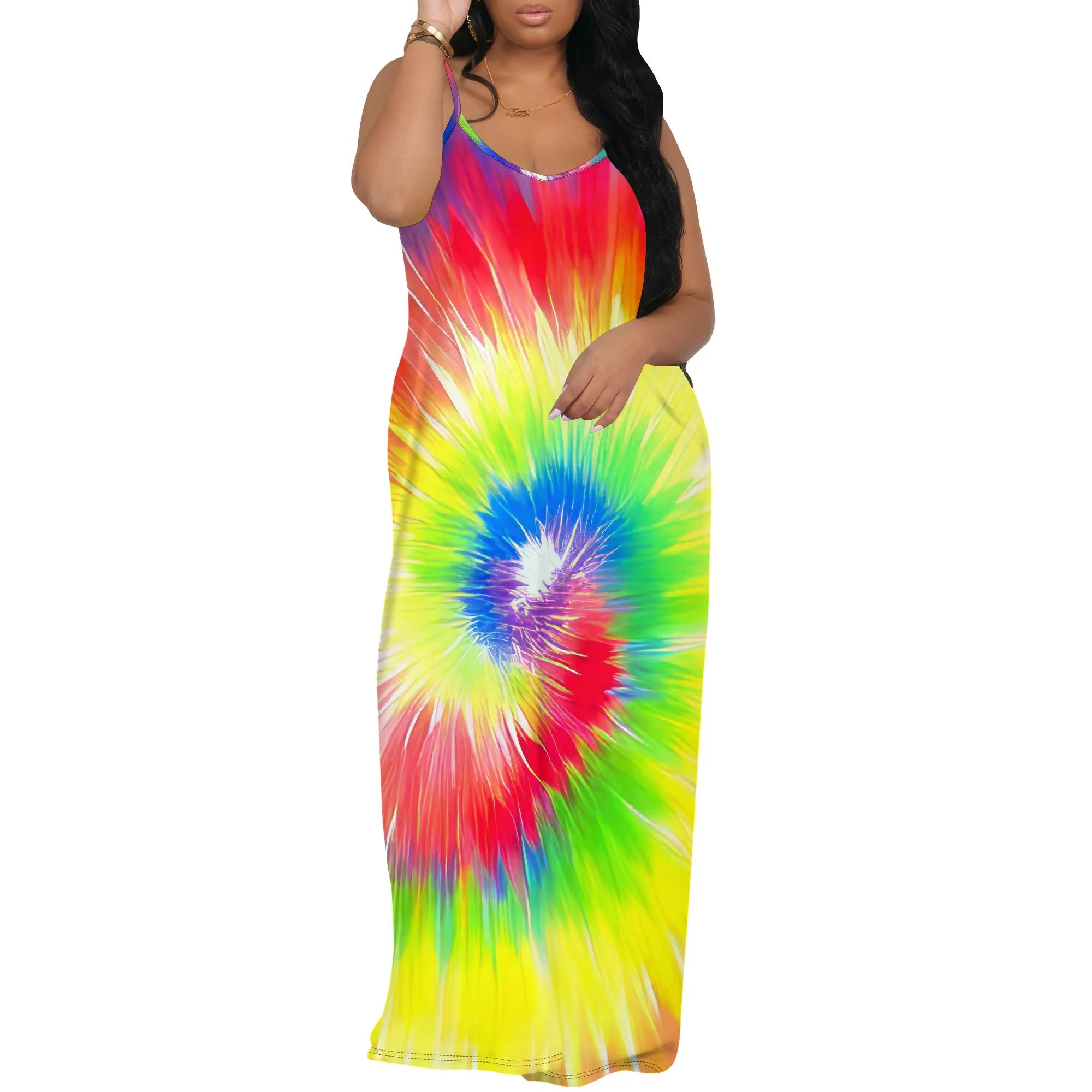 Colorful Tie Dye Maxi Dress for Women Summer Spaghetti Strap Sleeveless Vacation Dress