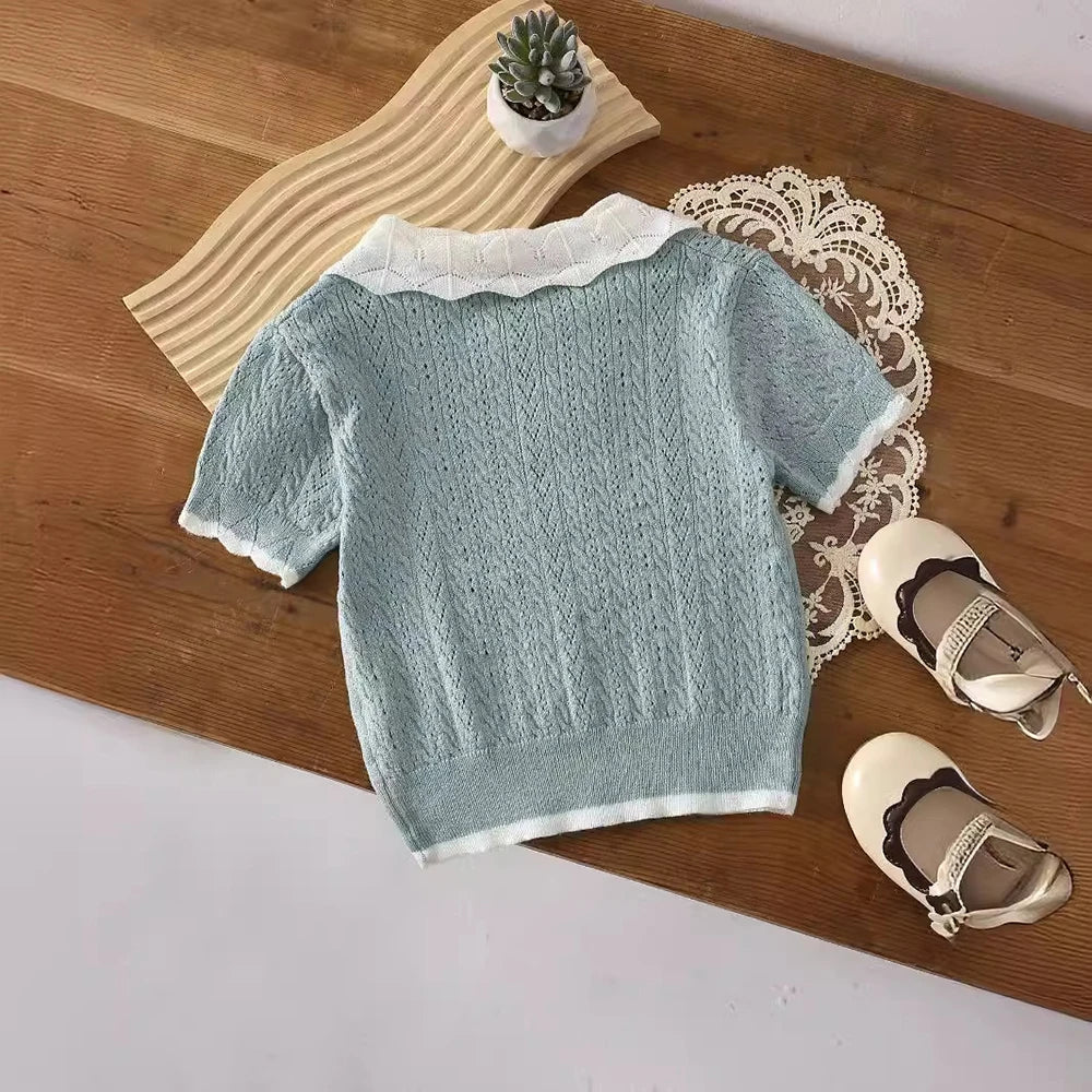 Kid's Knitted T-shirt Girls Simple Turn Down Collar Pullover Children's Thin Hollow Out Knit Short Sleeve Tee 1-6Y Girls