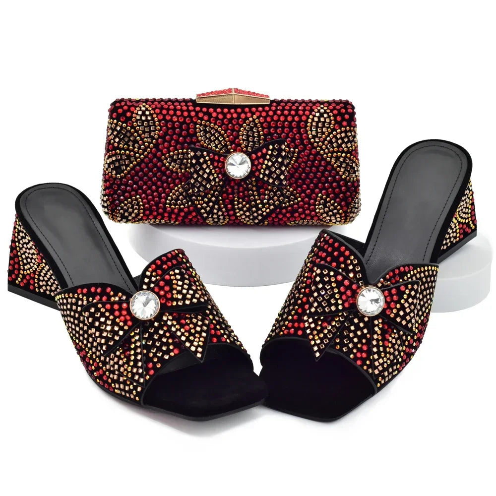 Nigeria Popular Design African Ladies Shoes and Bag Set Decorated with Rhinestone Wedding Shoes Bride Peep Toe Low Black Heels