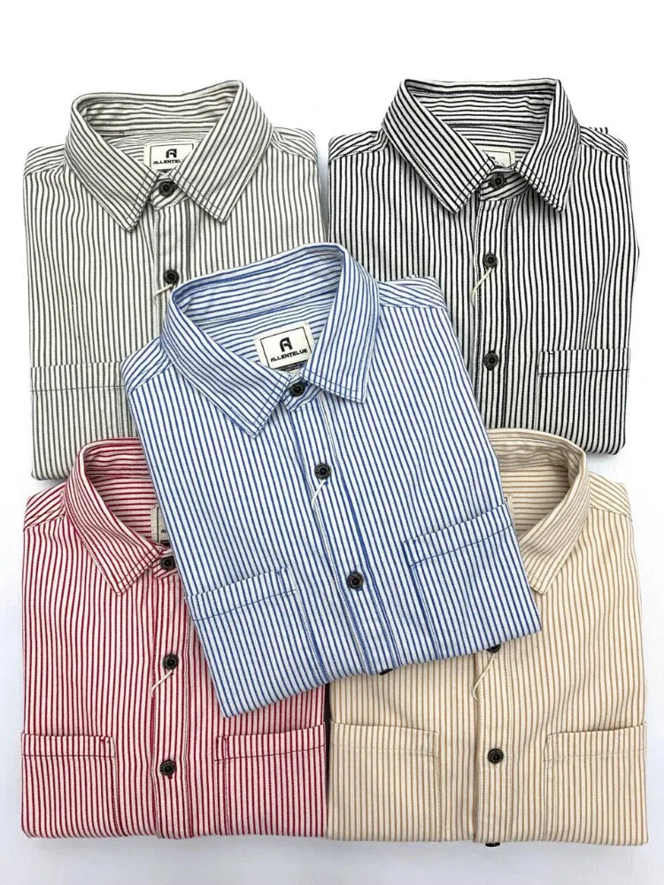 2025 Lente Nieuwe Japanse Retro Lange Mouw Revers Gestreepte Cargo Shirt Heren Amekaji 100% Katoen Gewassen Losse Dubbele Zakken Tops