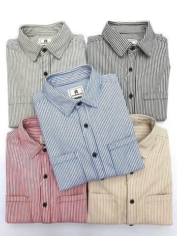 2025 Lente Nieuwe Japanse Retro Lange Mouw Revers Gestreepte Cargo Shirt Heren Amekaji 100% Katoen Gewassen Losse Dubbele Zakken Tops