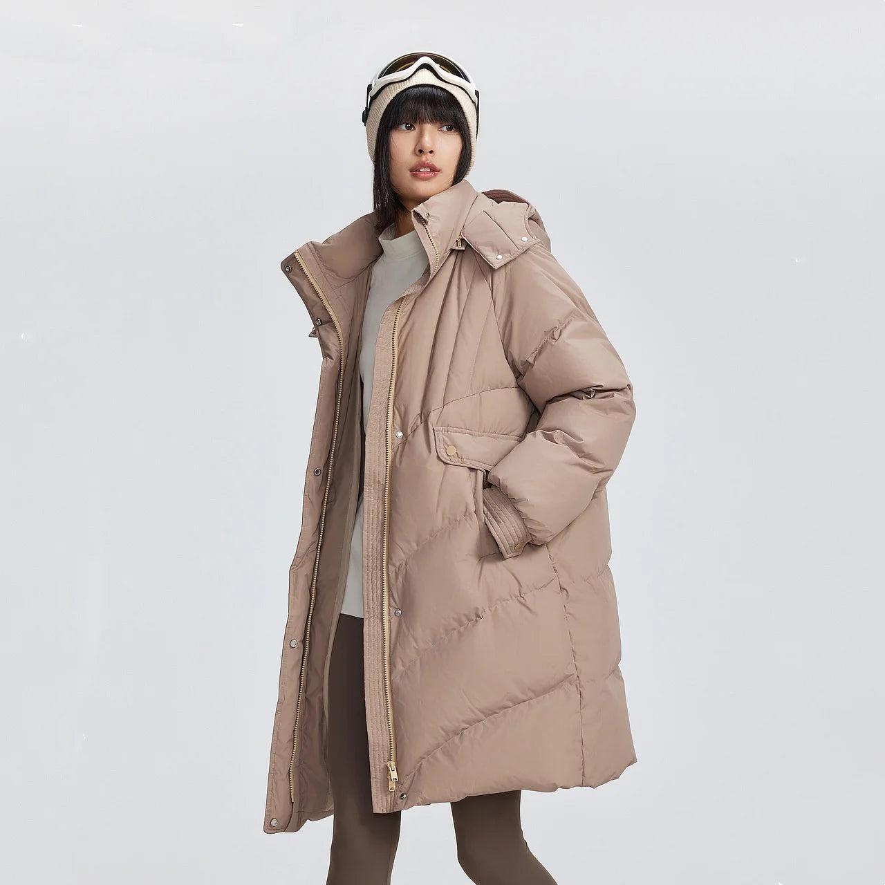 Women's Winter Down Jacket Duck Down Detachable Hood Puffer Coats, Simple Korean Style Mid-Length  Jacket for Ladies