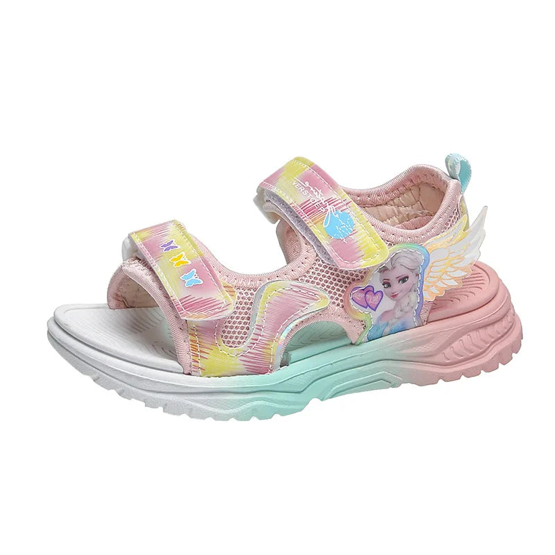 Disney Children Shoes Summer Elsa Girls Mesh Beach Sandals Fashion Frozen Princess Soft Bottom Light Peep Toe Sandals Size 26-36