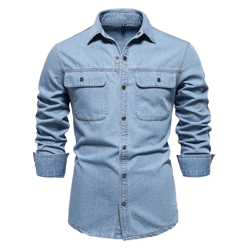 Men's 100% Cotton Denim Shirts Double Pocket Casual Cowboy Shirts Long Sleeve Autumn Jeans Shirts for Men