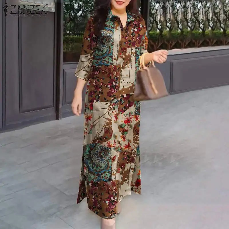 Women 3/4 Sleeve Long Dresses Autumn Fashion Lapel Neck Cotton Shirtdress Vintage Floral Print Maxi Shirt Dress