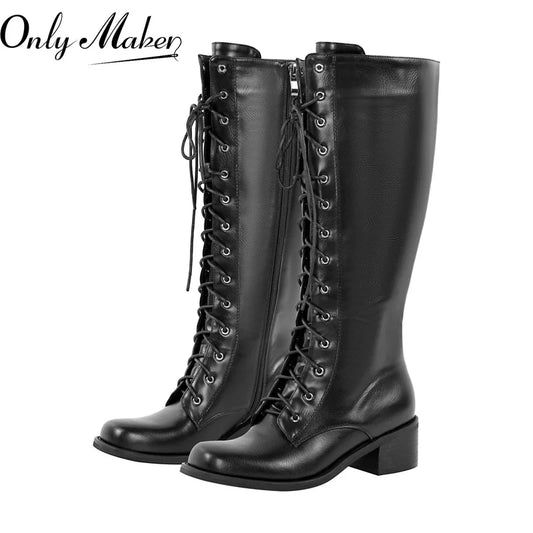 Women Knee High Boots Round Toe Black Matte Gothic Heeled Concise Side Zipper Winter Lace UP Motorcycle Boots