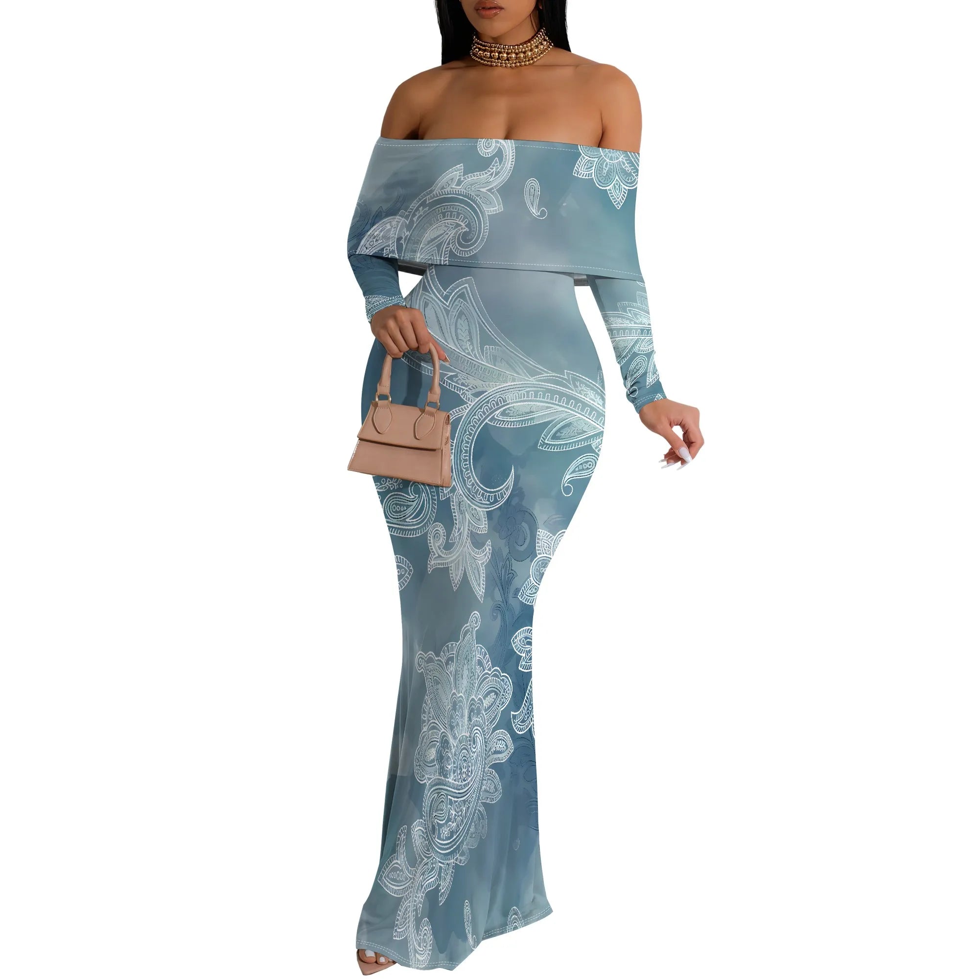 Plus Size Black White Floral Off-Shoulder Long Sleeve Maxi Dress - Women's Dramatic Elegant Party Evening Resortwear