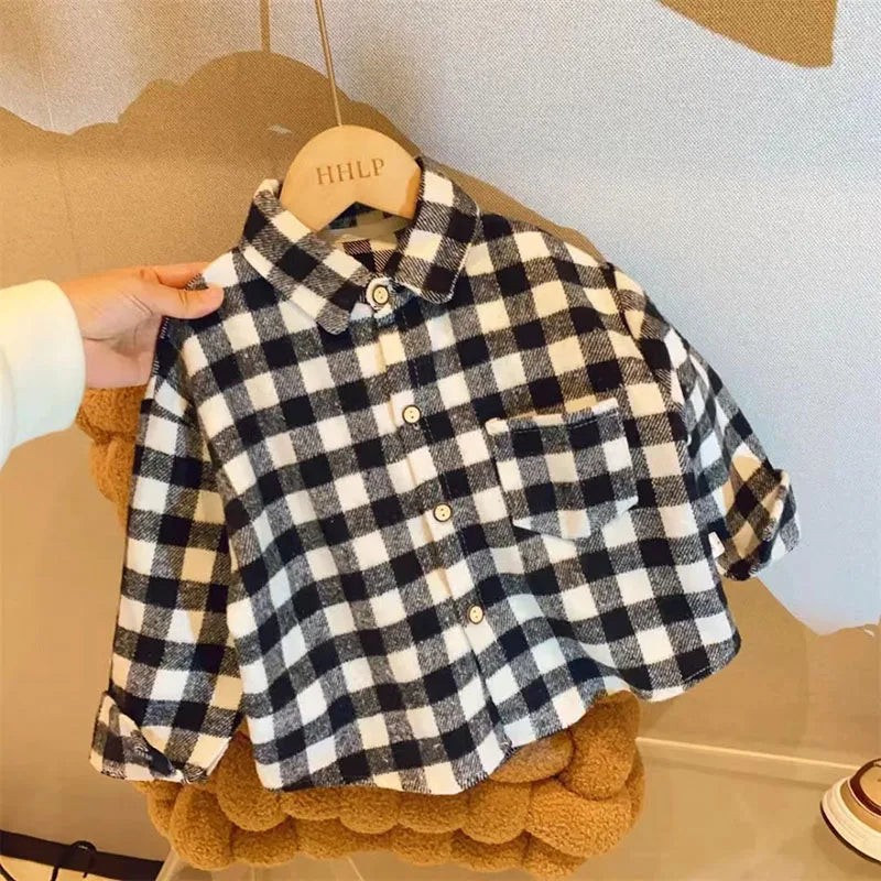 Autumn Kid's Shirts Boys Vintage Plaid Shirt Girls Casual Turn Down Collar Blouse Children's Base Tops 2-7Y Unisex