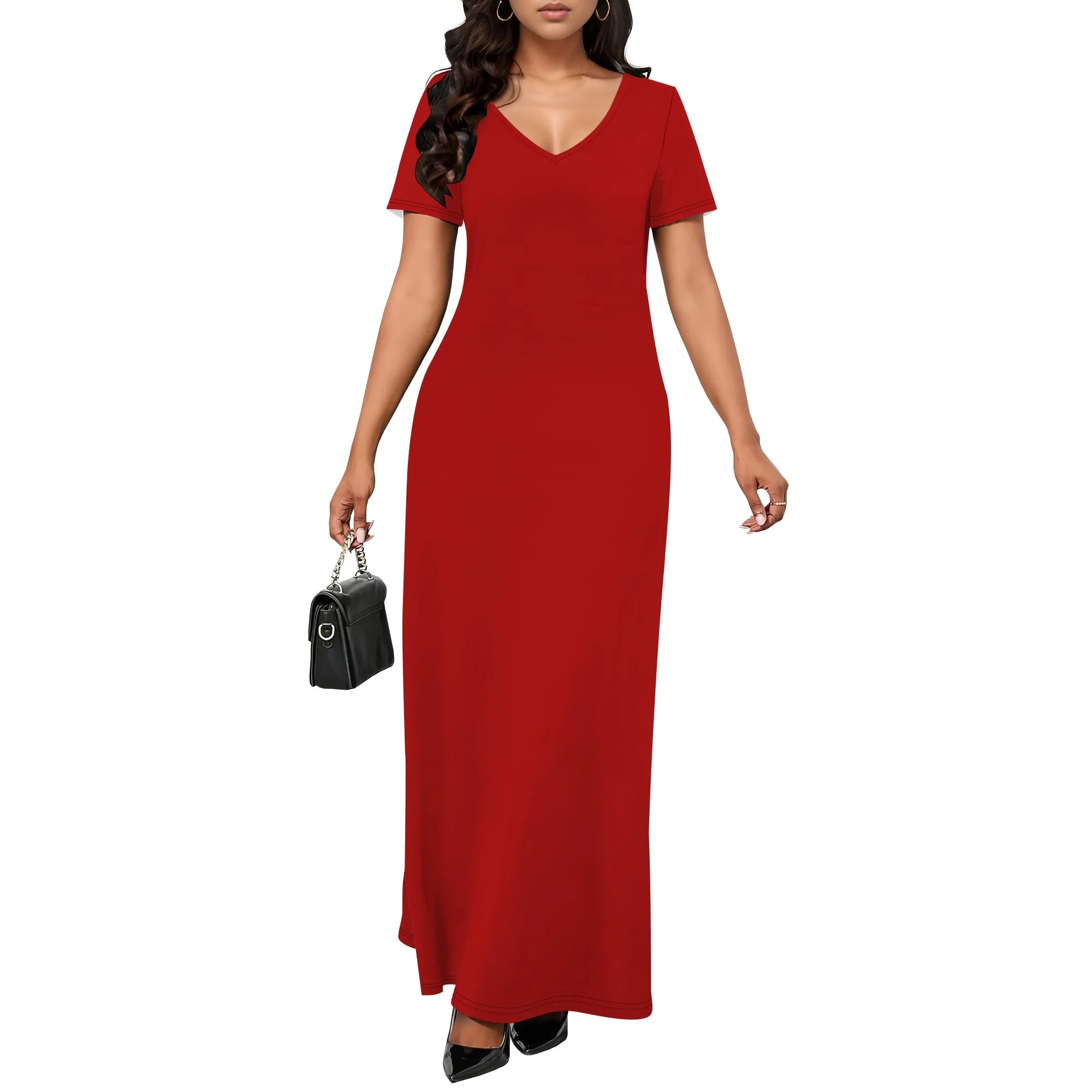 Women's Casual Short Sleeve Sexy V Neck Solid Color T Shirt Maxi Dress Summer Beach Swing Sundresses with Pockets