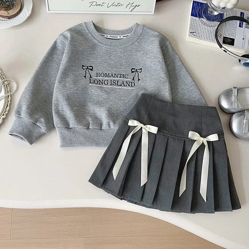 Girls Casual Hoodies Suit Simple Letter Sweatshirt and Pleated Skirt 2PCS Children's Autumn Outfit 2-7Y Girls