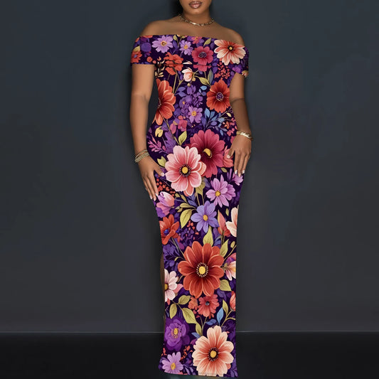 Off Shoulder Bodycon Maxi Dress for Women Floral Print Summer Elegant Party Dress Slim Fit Slit Gown