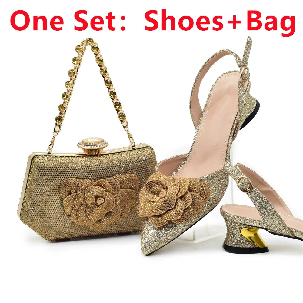 Designers Ladies Luxury Italian Party Shoes and Bag Set for Women Rhinestone-Decorated Suitable for Bride's Wedding