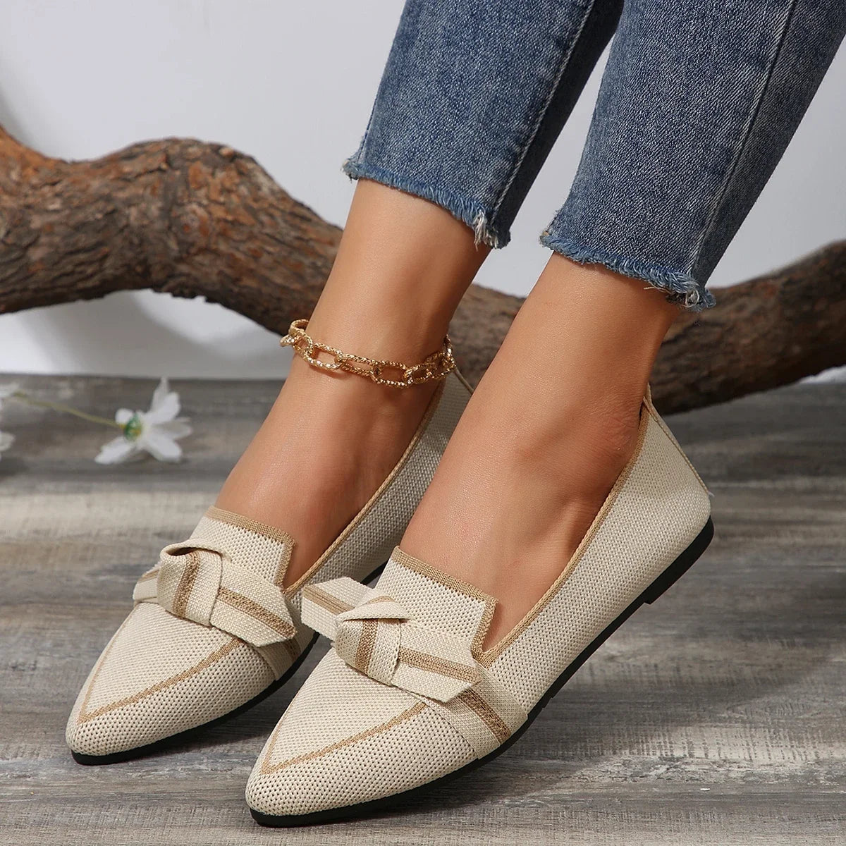 Women's Spring and Autumn Outfit Pointed Flat Breathable Casual Knot Shoes Women's Blue Pregnant Women's Low Heel Moon Shoes