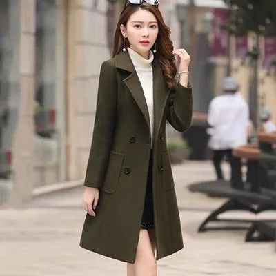 2024 Autumn Winter Women Long Woolen Coats Double Breasted Female Solid Color Slim Fit Outerwear Turn-down Collar Streetwear