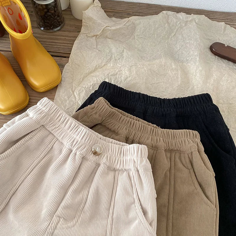 Winter Warm Kids Pants Fleece Lining Corduroy Fleece Boys Girls Trousers Outerwear Clothing 1-6Y Unisex