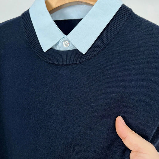 Unisex Knit Sweater Dark Navy False Two-Piece Design Thickened Layered Look With Built-in Collar Soft Touch & Warm Sweater For Men & Women
