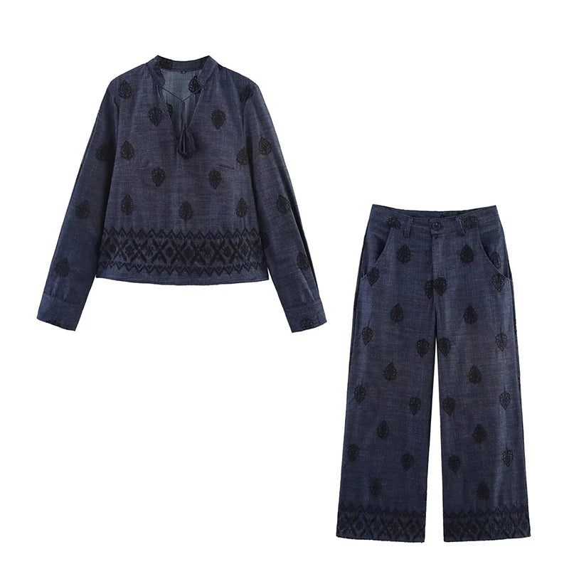 Vintage Women Long Sleeve V Neck Embroidered  Blouse Spring Summer 2025 Streetwear Tops Blusas Mujer