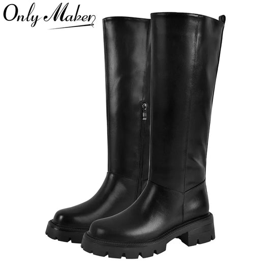 Women Black Matte Knee High Boots High Heeled Winter Warm Woman Fashion Snow  Motorcycle Boots