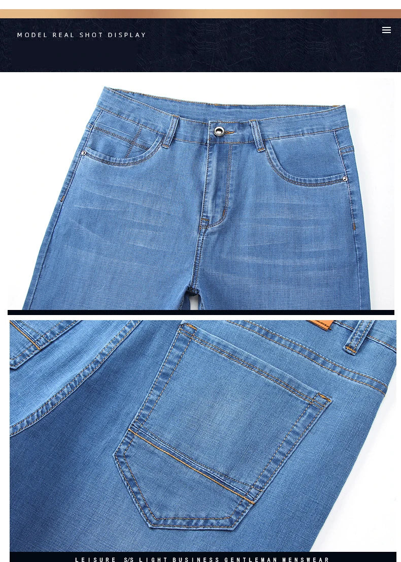 2025 Dunne of dikke stoffen kantoor- en zakenjeans voor heren, klassiek blauw, zwart, katoenen stretch, rechte denimbroek, herenmerkbroeken